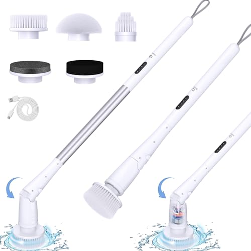 Vicmayun Electric Spin Scrubber, Cordless Shower Cleaning Brush with 6 Replacement Heads, 3 Adjustable Angle, Powerful Shower Scrubber with Extensio