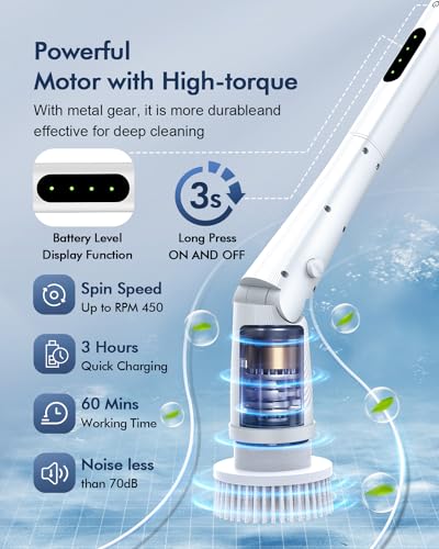 Vicmayun Electric Spin Scrubber, Cordless Shower Cleaning Brush with 6 Replacement Heads, 3 Adjustable Angle, Powerful Shower Scrubber with Extensio